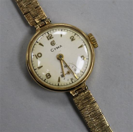A ladys 9ct gold Cyma manual wind wrist watch.